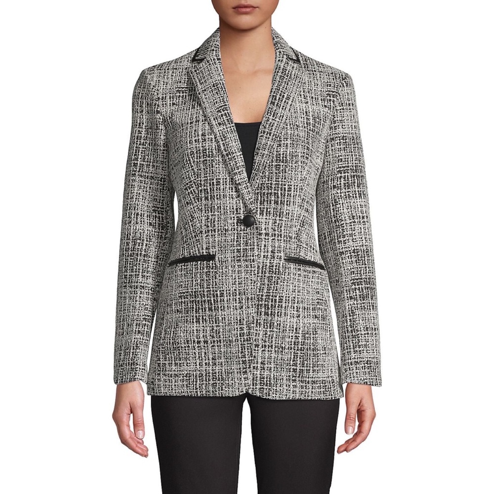 KARL LAGERFELD Tweed Faux Leather Trimmed Blazer Suit Jacket